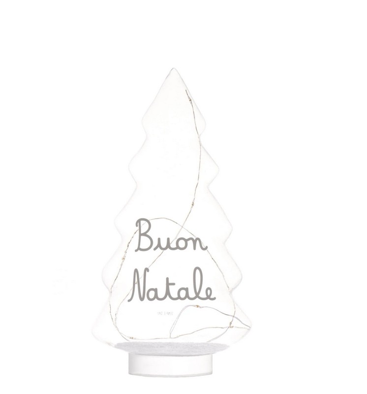 Albero di Natale luminoso in vetro con luci led alimentato a batterie, decorato con scritta “Buon Natale”